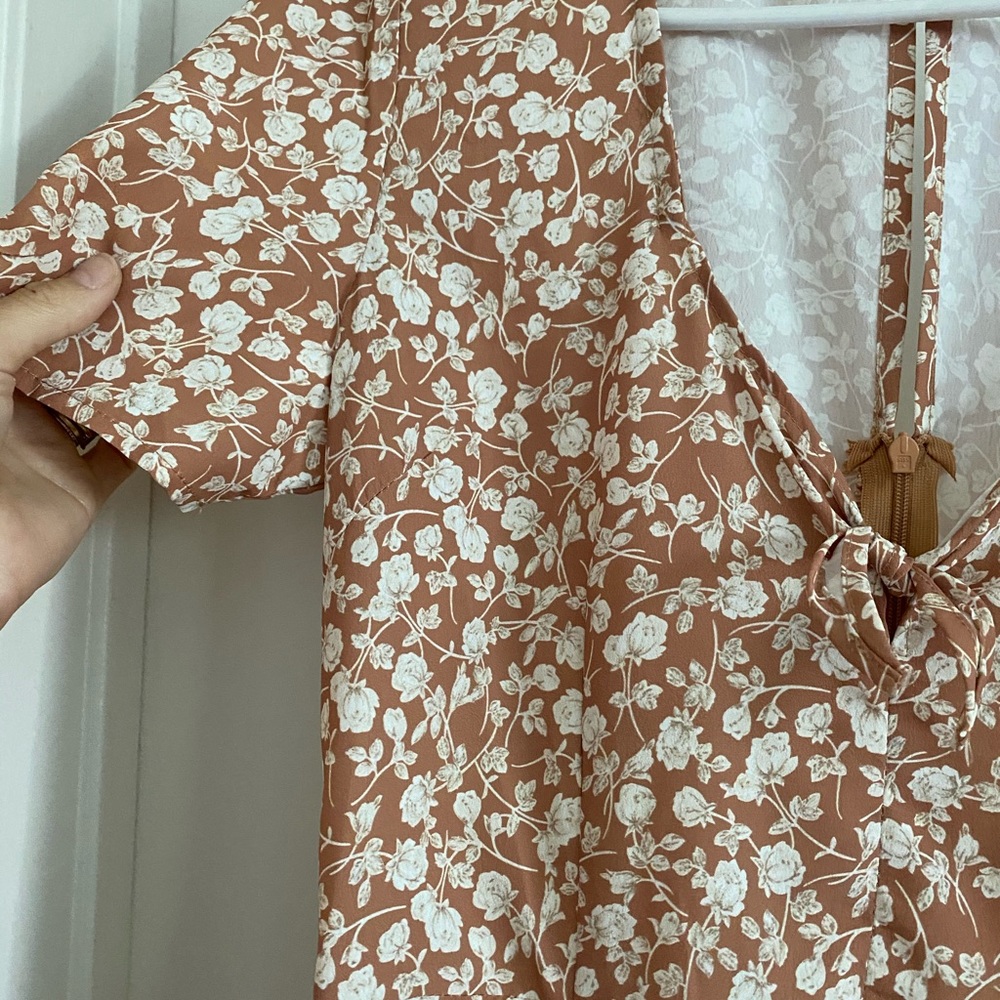 Tan floral tie front mini dress